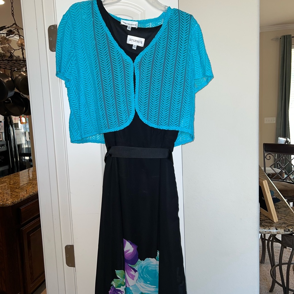 Studio I floral print woman’s sleeveless dress with knit jacket & silk sash